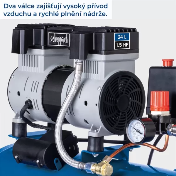 Ultra tichý bezolejový dvouválcový kompresor 24l Scheppach HC 26 Si